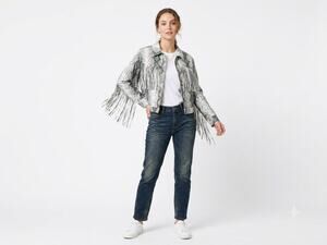 Choosy Crop Jacket Womens XS Gray Snakeskin Print Fringed Western Python Boho